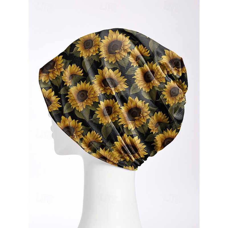 Women's sunflower print beanie cap, Lightweight stretch polyester casual hat, Soft and breathable headwear, Can be used as a neck gaiter, Suitable for casual wear, Outdoor activities and travel3