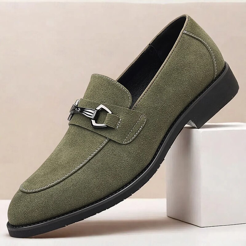 Men's Olive Green Bit Loafers – Stylish Faux Suede Slip-On Dress Shoes with Metal Buckle Detail for Business Casual Looks Dinner Dates and Office Wear