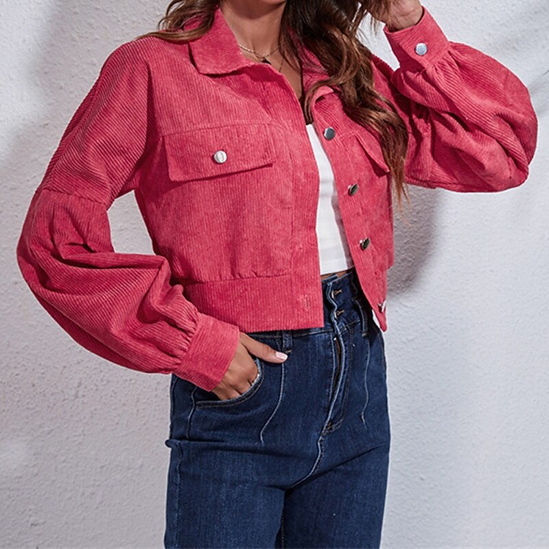 Women's Casual Jacket Warm Comfortable Pocket Corduroy Fashion Outdoor Plain Going out Weekend Short Turndown Regular Fit Long Sleeve Outerwear Dark Pink Fall Winter4