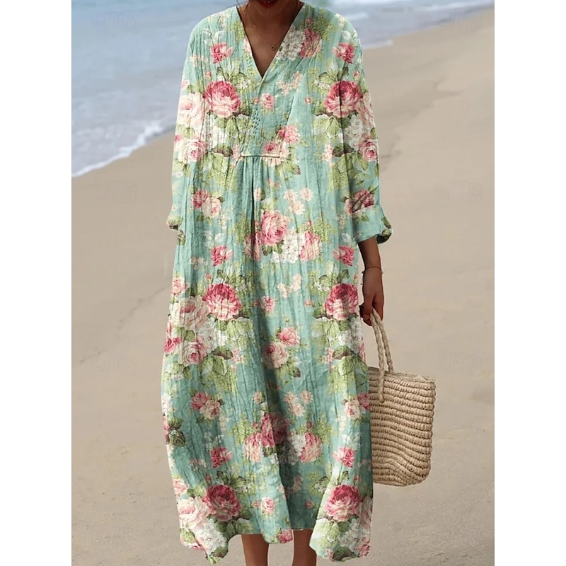 Women's Midi Dress V Neck Long Sleeve Kaftan Lightweight Loose Fit A Line Dress Casual Boho Party Going out Floral Graphic Long Sleeve V Neck Black Pink Red Green