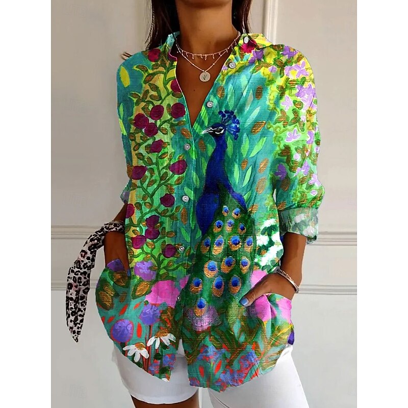 Women's Shirt Button Down Tunic Shirt Collar Long Sleeve Graphic Animal Daily Stylish Casual Regular Tops Daily Holiday s Print Pink Blue Green Khaki Spring Fall2