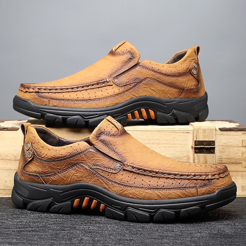 Men's Tan and Brown Faux Leather Slip-On Shoes, Casual Walking Shoes for Outdoor Adventures, Daily Activities and Weekend Getaways2
