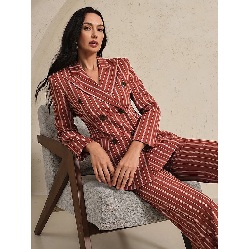 Women's 2 Pieces Pinstriped Suits Two Piece Formal Wedding Guest Formal Evening Elegant Vintage Simple Long Sleeve Ankle Length Peak Lapel Double Breasted - Main Image