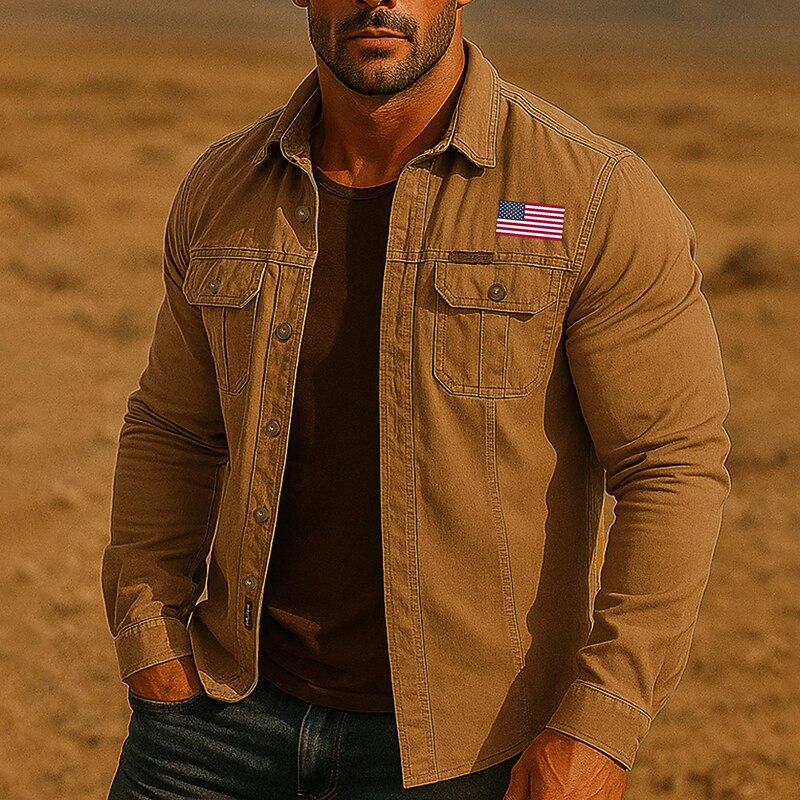 Men's US Flag Patriotic Work Shirt Western Shirt Cargo Shirt Long Sleeve Casual Tactical Sports Outdoor WorkWear Spring Fall Turndown Front Two Pockets Button Up Shirts Army Green Khaki2