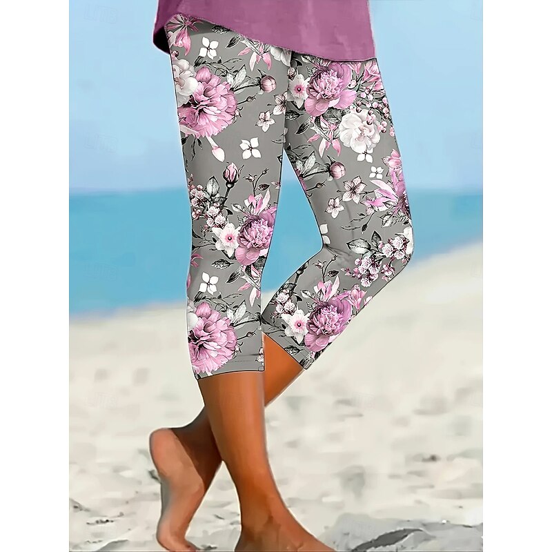 Women's Leggings Vacation Vintage Ethnic Style Calf-Length High Waist Floral Graphic Leaf Soft Comfortable Breathable Stretchy Vacation Street Causal Violet Dusty Rose Light Blue Summer Spring Fall