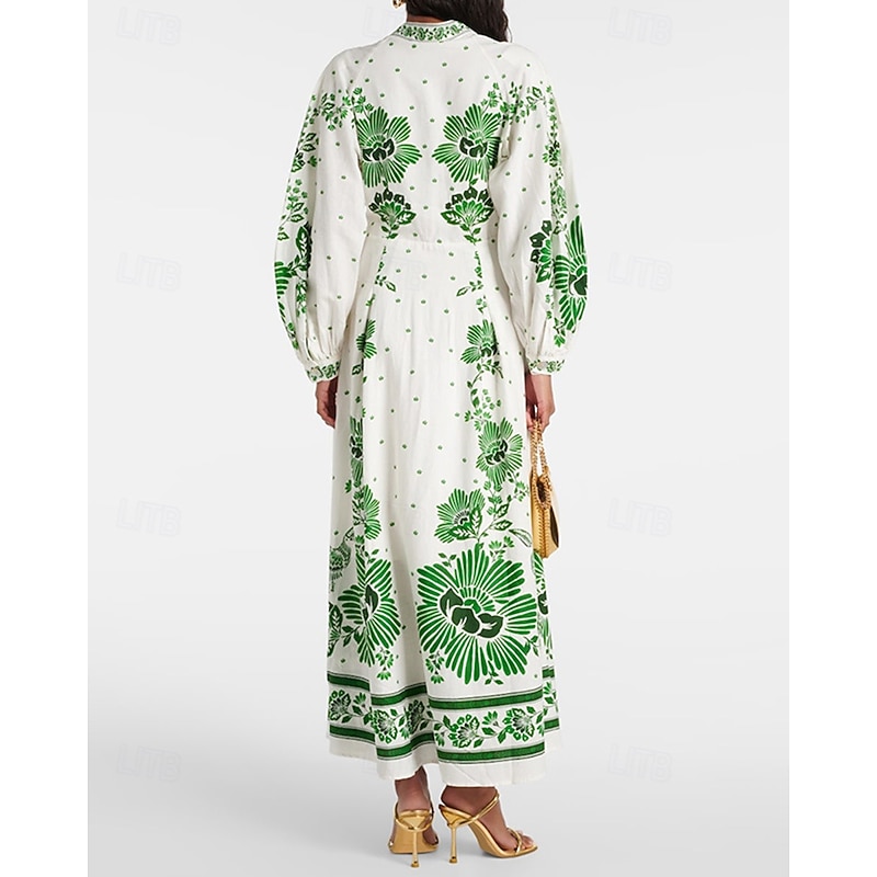 Women's Long Dress Maxi Dress Print Dress Fashion Modern Lantern Sleeve Outdoor Vacation Going out Regular Fit Flower Long Sleeve V Neck Blue Green Fall4