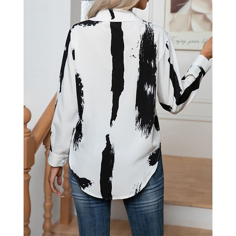 Women's Shirt Abstract Daily Stylish Casual Long Sleeve Shirt Collar Regular Tops Work Daily Holiday Buttons Print Black White Spring Fall2