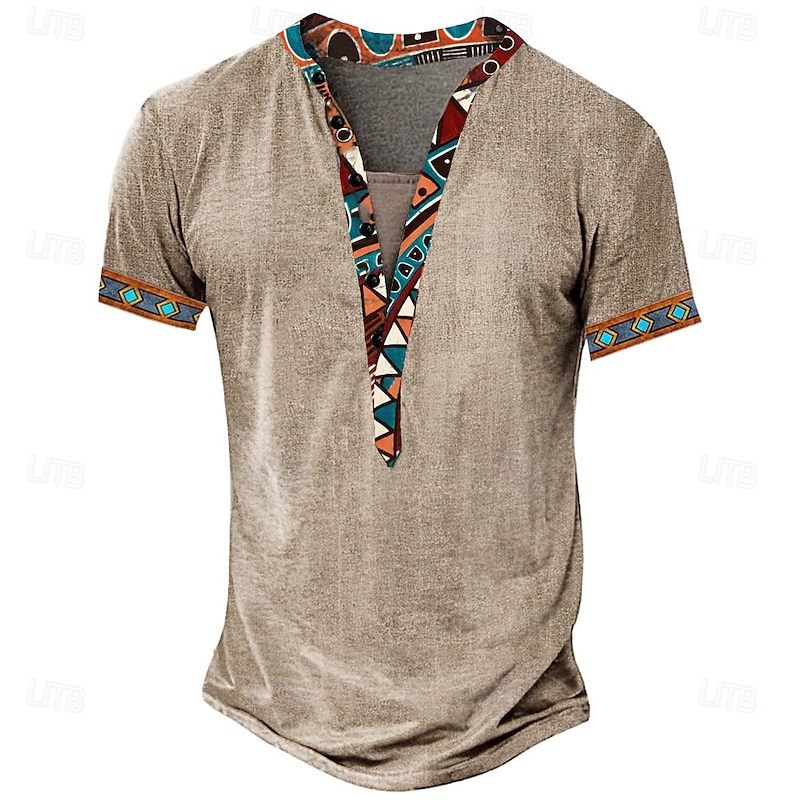Men's Bohemian T Shirt Henley Shirt Tee Short Sleeve Designer Basic Classic Outdoor Casual Daily Summer Gray Green Khaki Henley Henley T-Shirt