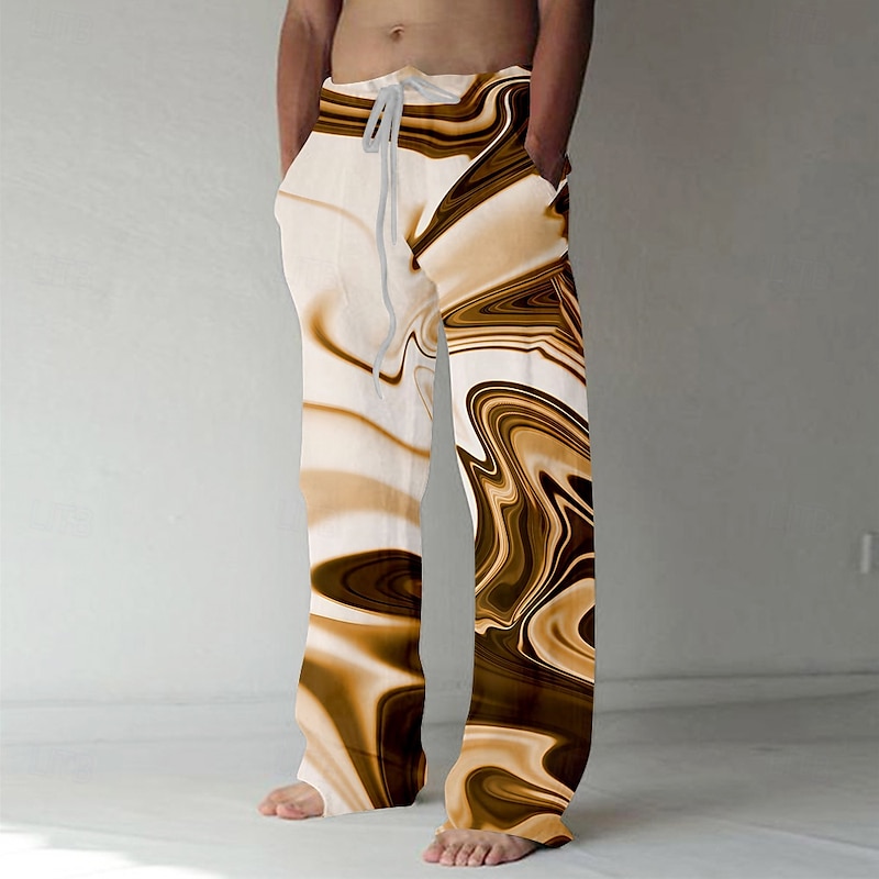 Men's Marble Abstract Liquid Art Trousers Baggy Pants Casual Pants Mid Waist Casual Outdoor Vacation Daily Drawstring Elastic Waist Wide Leg Summer Spring 3D Print Black Yellow Green4