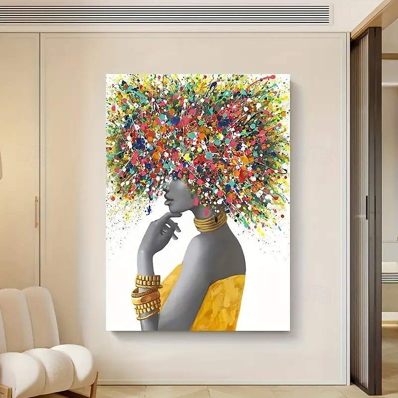 1pcs Frameless Modern African Girl Abstract Afro Head Cloth Wall Art Colorful Living Room Bedroom Decoration Modern Art Poster Frameless