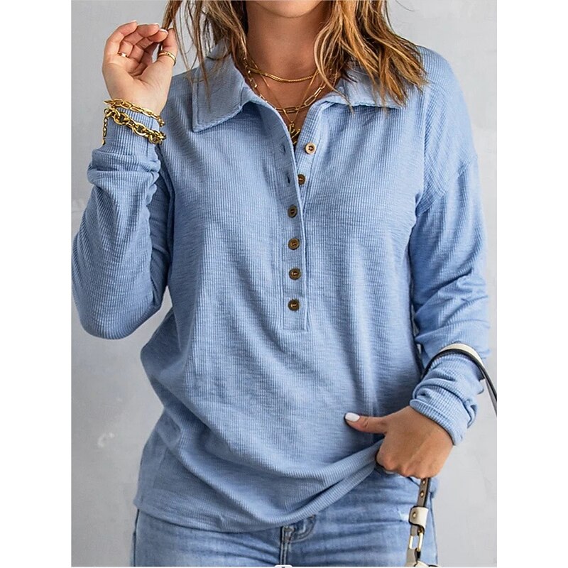 Women's Blouse Solid Color Stylish Basic Casual Long Sleeve Shirt Collar Regular Tops Daily Buttons Black White Navy Blue Sky Blue Khaki Summer Spring Fall