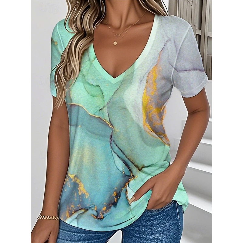 Women's T Shirt Floral Graphic Plants Vintage Fashion Hawaiian Short Sleeve V Neck Regular Tops Daily Going out Weekend Print Blue Green Summer Spring