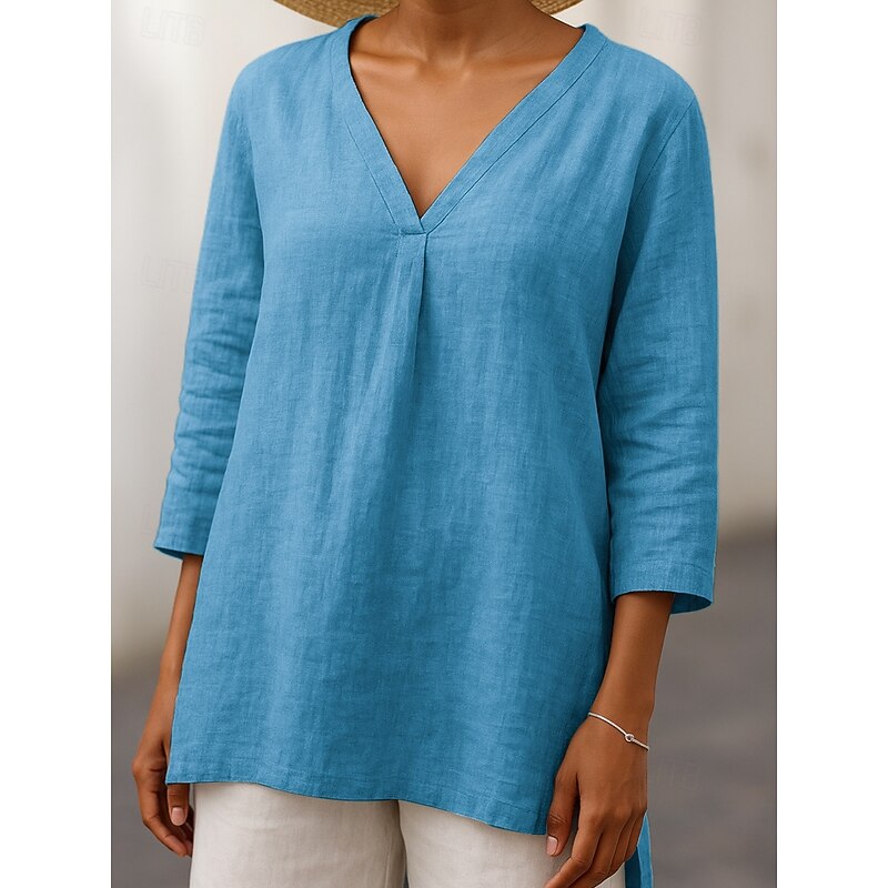 Women's T Shirt Solid Color Casual 3/4 Length Sleeve V Neck Regular Tops Daily White Royal Blue Khaki Light Blue Summer Spring4