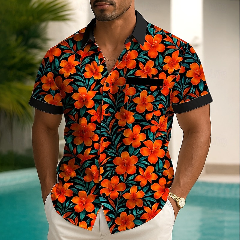 Men's Floral Print Tropical Flowers Summer Hawaiian Shirt Button Up Shirt Aloha Shirt Short Sleeve Hawaiian Holiday Beach Wear Summer Spring Turndown 3D Print Collared Shirts Front One Pocket Black4