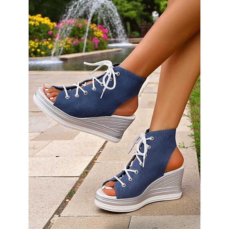 Women's Lace-Up Denim Wedge Sandals, Fashion Peep-Toe Summer Shoes, Perfect for Poolside, Brunch Outings and Seaside Cafés2