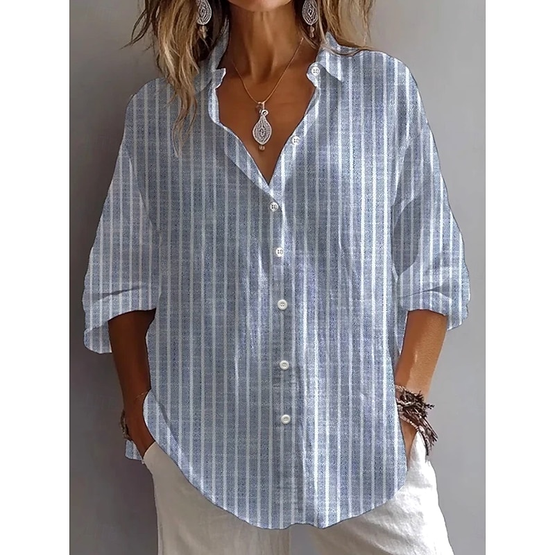 Women's Shirt Button Down Tunic Shirt Collar Long Sleeve Graphic Striped Vintage Daily Stylish Regular Tops Daily Holiday Going out s Denim Blue Light Blue Spring4
