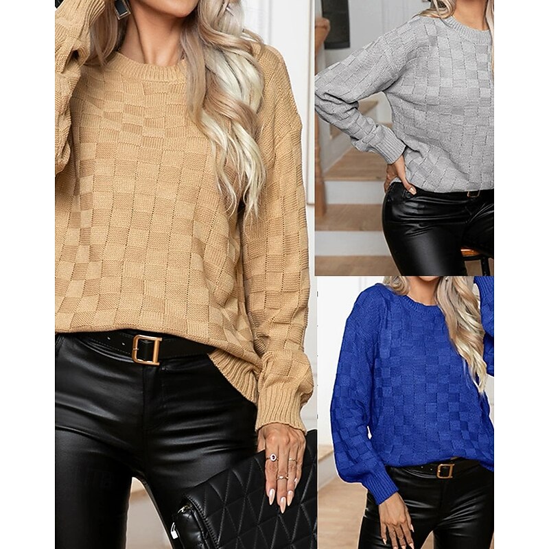 Women's Pullover Casual Plaid Chunky Crew Neck Knitted Long Sleeve Regular Tops Knit Daily Holiday Going out Blue Brown Fall Winter