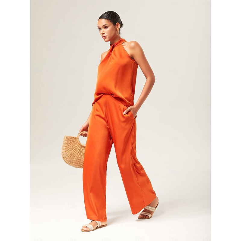 Orange Stand Collar Wide Leg Pants Set2