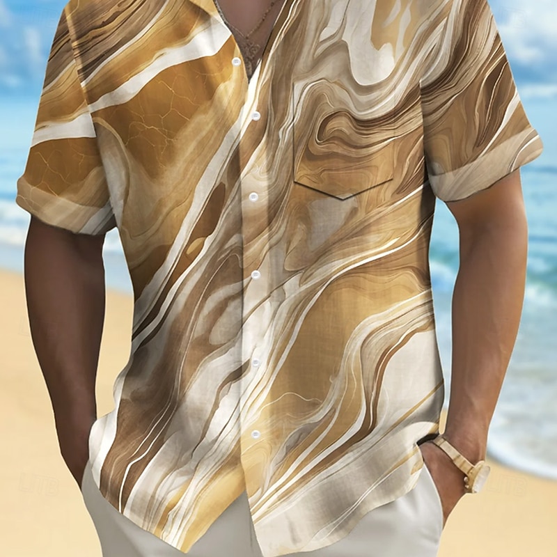 Men's Marble Abstract Liquid Art Shirt Summer Shirt Button Up Shirt Short Sleeve Fashion Casual Outdoor Vacation Dailywear Summer Spring Turndown 3D Print Collared Shirts Front One Pocket Purple Khaki3
