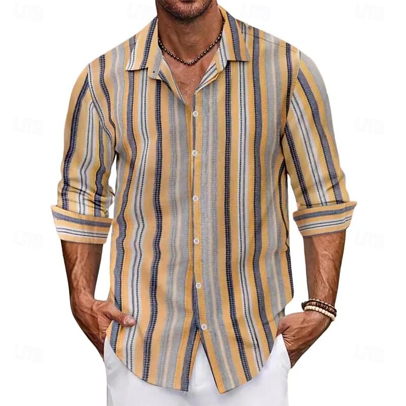 Men's Stripes Color-blocking Shirt Button Up Shirt Casual Dress Shirt Long Sleeve Fashion Casual Vacation Daily Streetwear Summer Spring Turndown 3D Print Collared Shirts Blue Green Khaki Dark Blue2