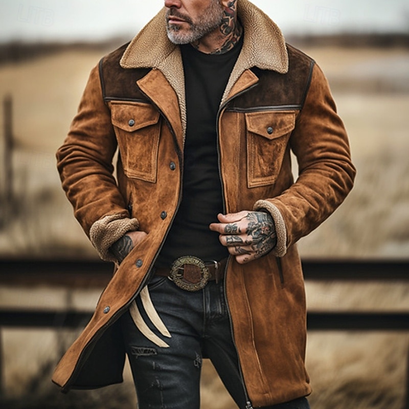 Men's Winter Jacket Fleece Jacket Casual Jacket Vacation Daily Thermal Warm Pocket Fleece Fall Winter Color Block Fashion Streetwear Lapel Long Brown Coffee Jacket2
