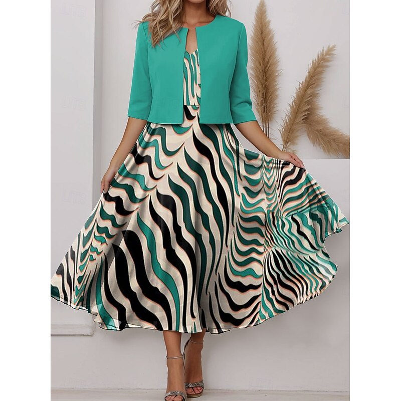 Women's Two Piece Dress Sets Midi Dress with Jacket Elegant A Line Dress Half Sleeve Party Semi Formal Graphic Stripe Print V Neck Wedding Guest Daily Pink Purple Orange Regular Fit3