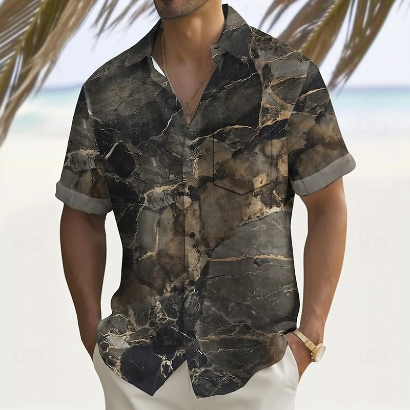 Men's Marble Abstract Art Shirt Summer Shirt Button Up Shirt Short Sleeve Fashion Casual Outdoor Vacation Dailywear Summer Spring Turndown 3D Print Collared Shirts Front One Pocket Gray