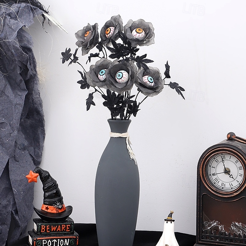1 Bundle Halloween Artificial Flower Bouquet with Scary Eyeball and Maple Leaf Picks, Creepy Faux Floral Arrangement for Home and Party Decoration