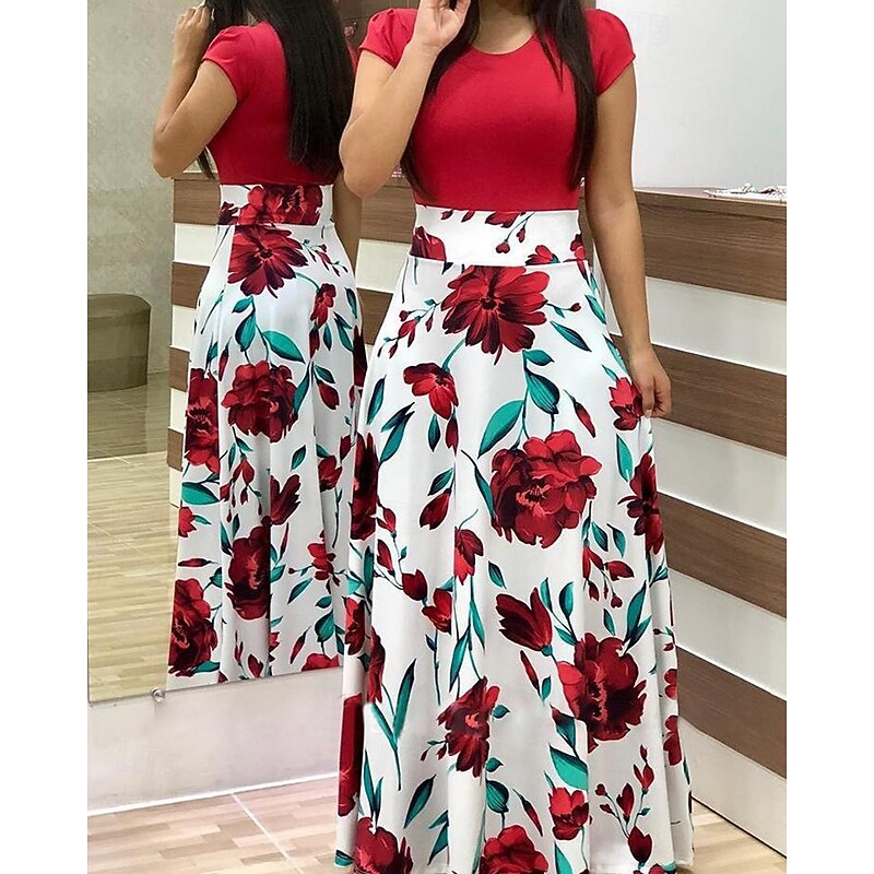 Women's Long Dress Maxi Dress Floral Dress Print Dress Fashion Classic Modern Outdoor Vacation Holiday Regular Fit Flower Short Sleeve Crew Neck Pink Red Blue Summer2