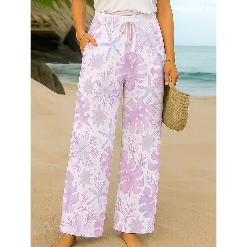 Women's Culottes Wide Leg Vacation Vintage Ethnic Style Full Length High Waist Floral Graphic Quick Dry Breathability Soft Inelastic Formal Outdoor Vacation Pink Purple Green Summer Spring Loose Fit3