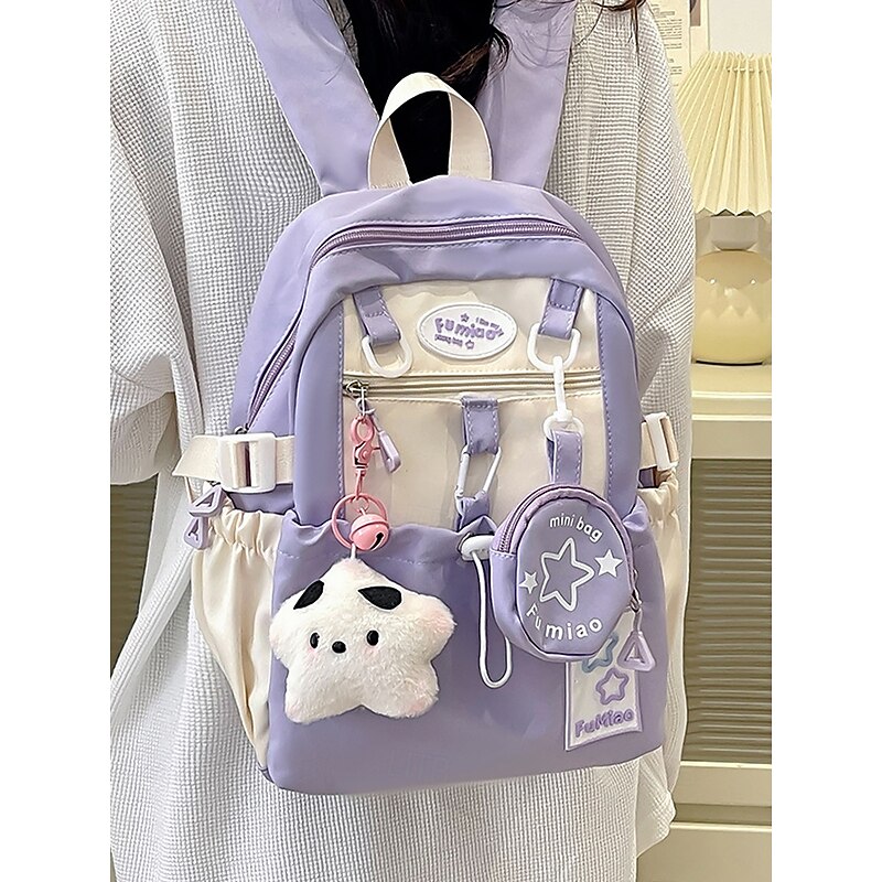 Girls Cute Macaroon Color Campus Backpack - Lightweight School Bag with Plush Pendant and Mini Pouch for Teens and College Students3
