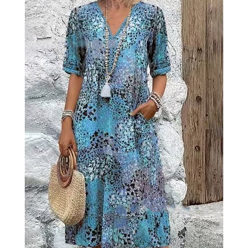 Women's Midi Dress Floral Dress Print Dress Classic Modern Outdoor Vacation Going out Regular Fit Flower Short Sleeve V Neck Blue Khaki Rose Red Summer2