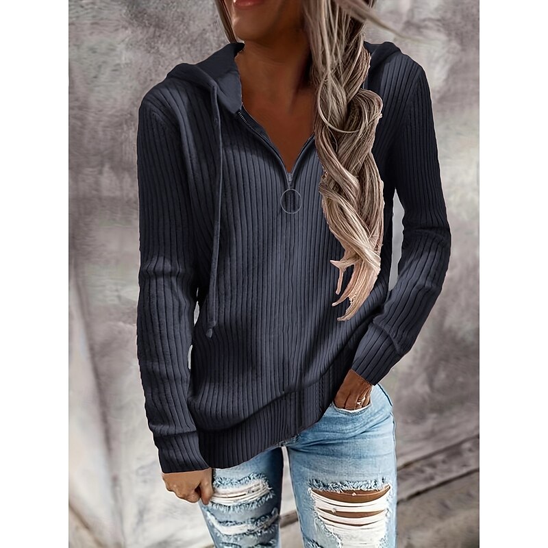 Women's Sweater Casual Soft Pure Color Ribbed Hooded Knitted Long Sleeve Regular Tops Knit Outdoor Daily Weekend Black White Fall Winter3