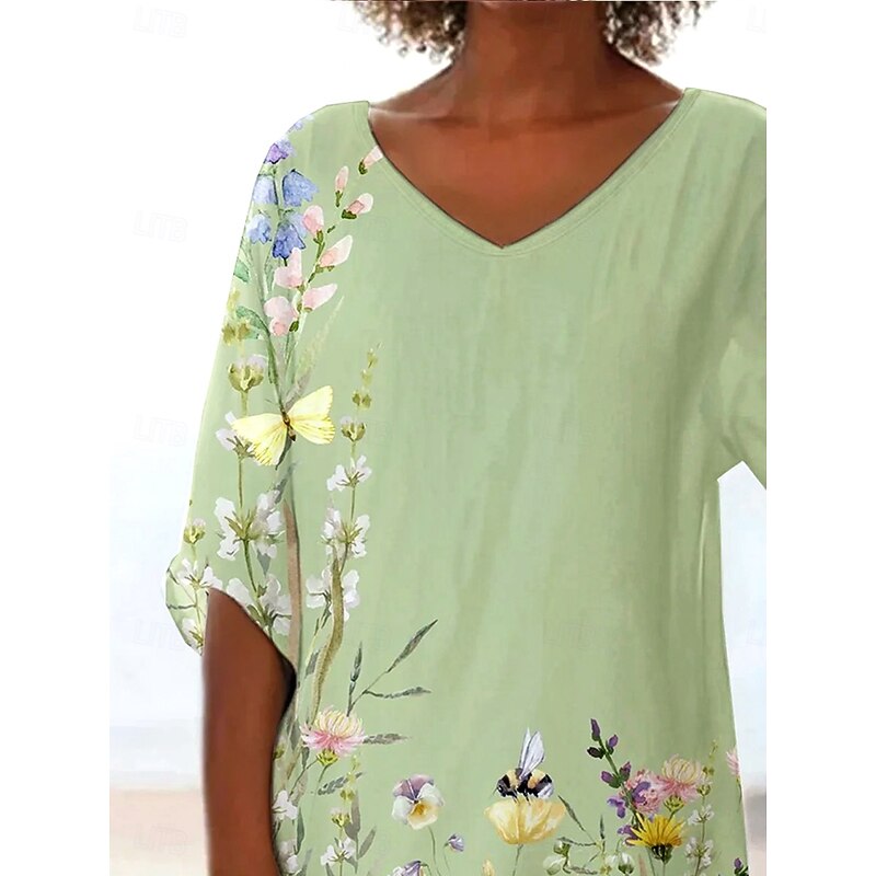 Women's Blouse Long Sleeve Asymmetrical Hem Floral Graphic Leaf Hawaiian Stylish Casual 3/4 Length Sleeve V Neck Regular Tops Daily Holiday Going out Print Asymmetric Hem Light Green Violet2