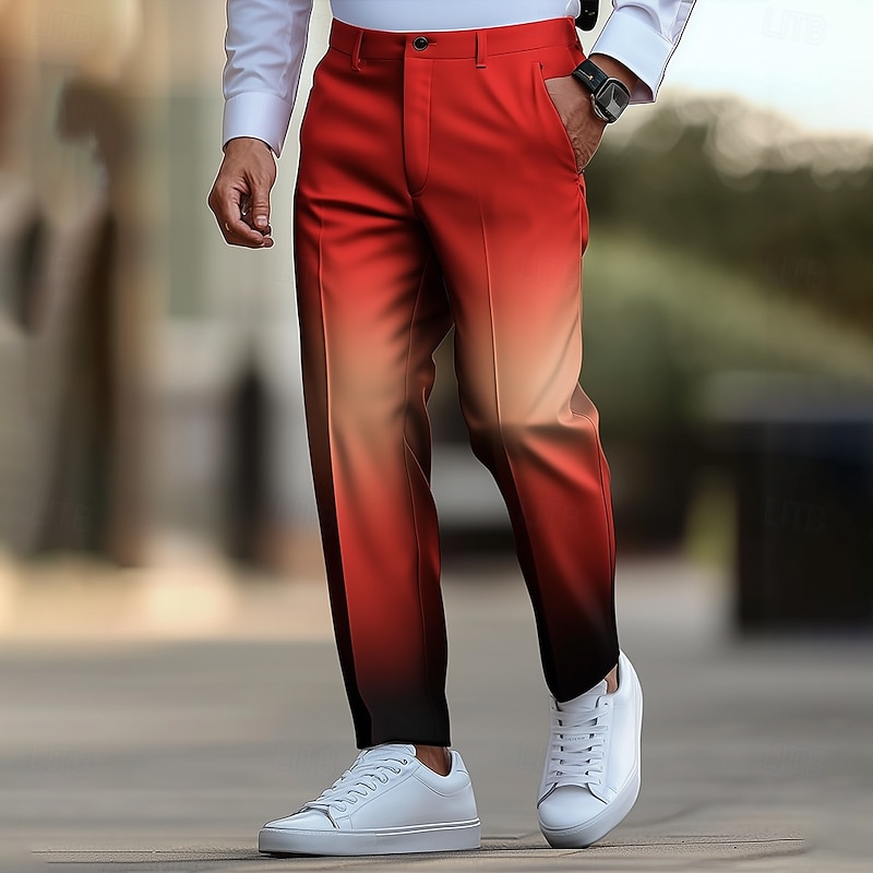 Men's Gradient Color Dress Pants Trousers Suit Pants Mid Waist Casual Outdoor Vacation Regular Fit Flat-Front Straight Leg Pants with Pockets Summer Spring Fall 3D Print Red