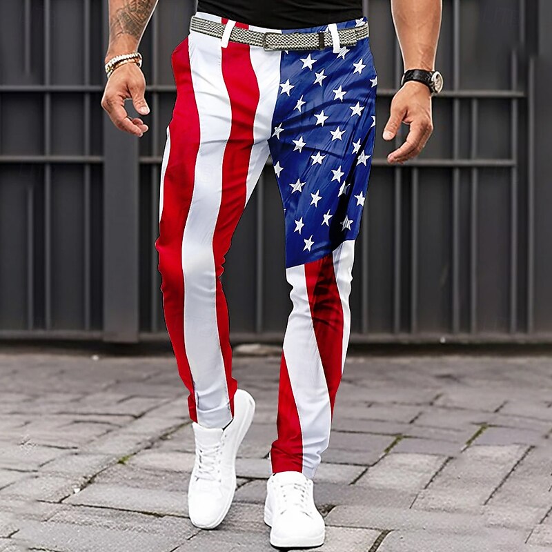Men's American US Flag Patriotic Dress Pants Trousers Casual Pants Mid Waist Classic Casual Holiday Slim Fit Pants with Pockets Spring Fall 3D Print White Blue2