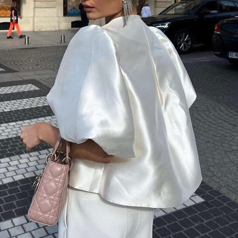 Women's Blouse Plain Stylish Modern Half Sleeve Puff Sleeve Crew Neck Regular Tops Holiday Going out Ruched White Fall3