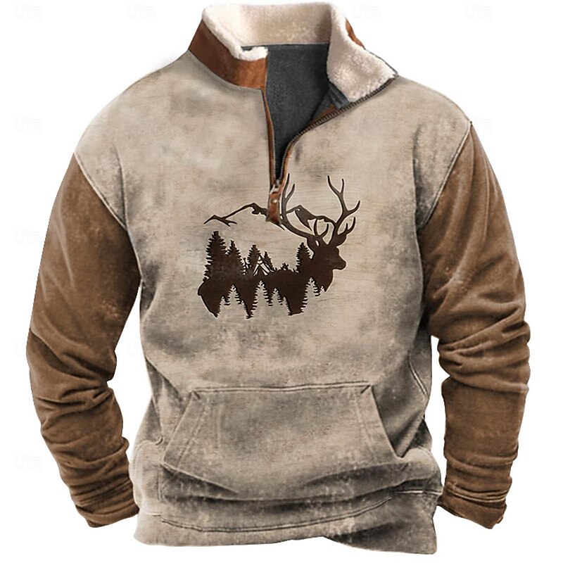 Men's Sweatshirt Quarter Zip Sweatshirt Brown Brown 2 Half Zip Color Block Reindeer Half Zip Print Sports & Outdoor Daily Holiday Polyester Vintage Streetwear Casual Fall & Winter Clothing Apparel