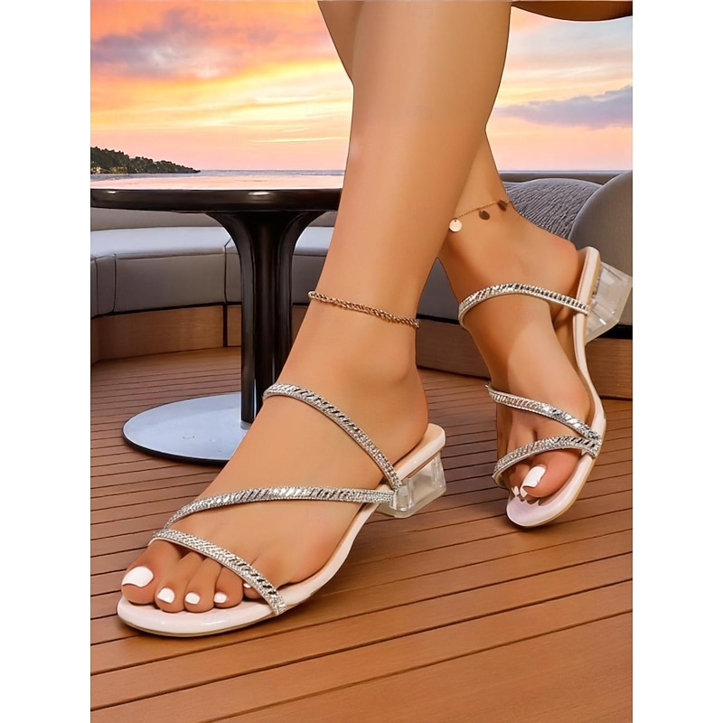 Women's Rhinestone Strappy Slide Sandals - Clear Low Block Heel Open Toe Slip-On Shoes for Adults, Daily Date & Summer Outings