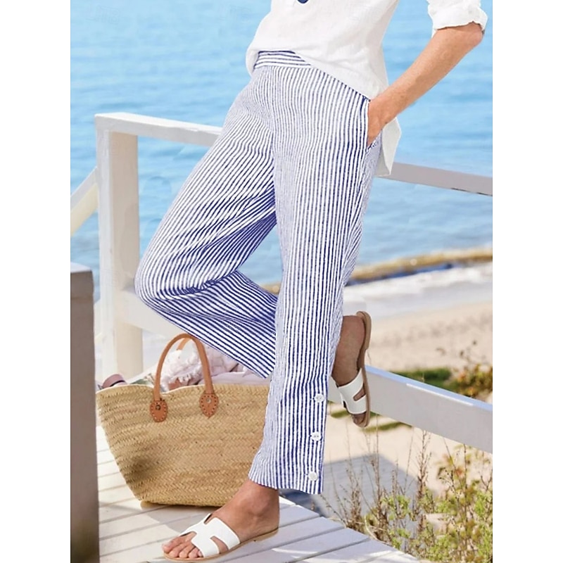 Women's Chinos Vacation Casual Full Length High Waist Striped Pocket Elastic Waistband Printing Comfy Soft Comfortable Micro-elastic Outdoor Street Army Green Black Pink Blue Summer Spring Regular Fit3