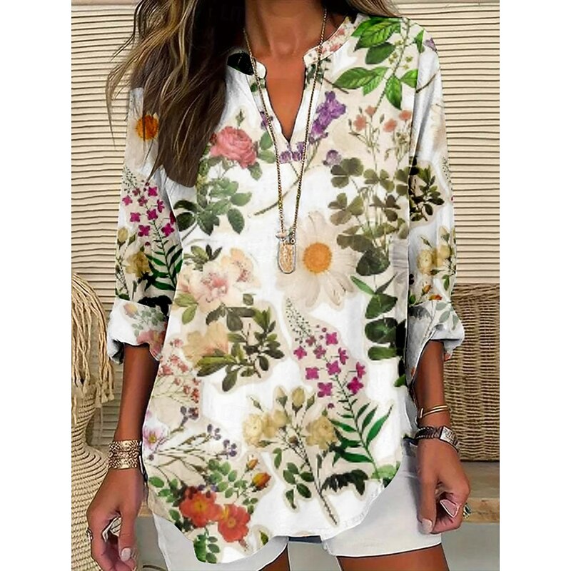 Women's Blouse Floral Stylish Modern Long Sleeve V Neck Regular Tops Daily Holiday Print Light Green Pink Fuchsia Green Dark Gray Summer4