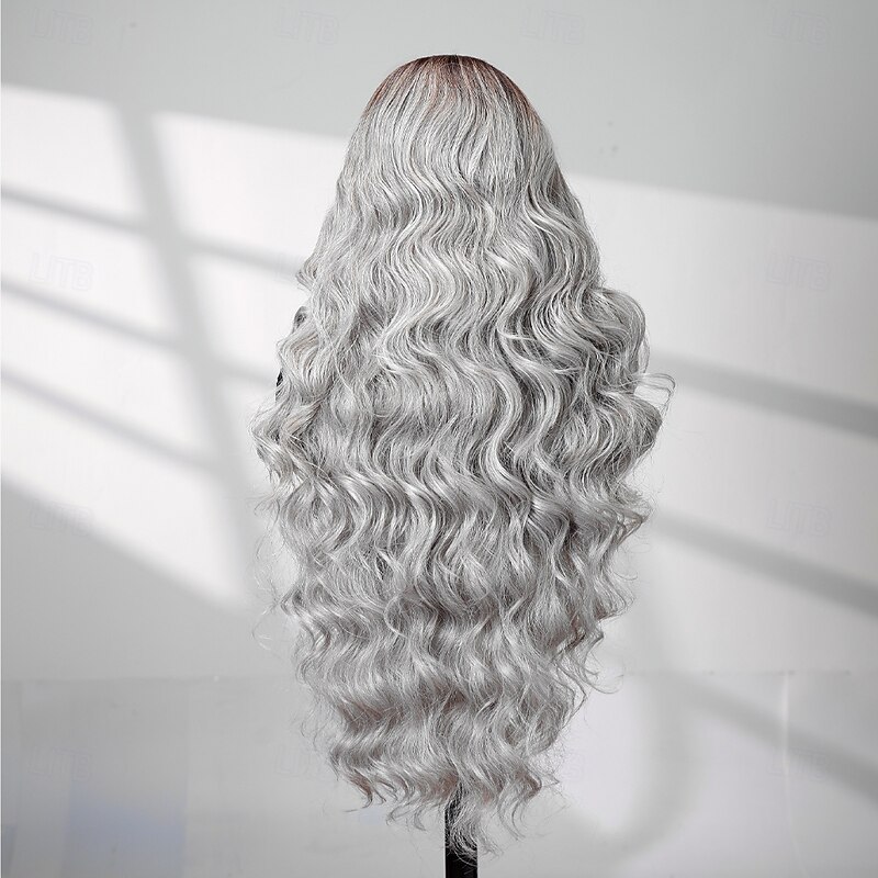 Synthetic Lace Wig Body Wave Style 28 inch Gray Middle Part 13x4 Lace Front Wig Women's Wig Silver grey4