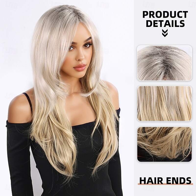 Synthetic Wig Bouncy Curl kinky Straight Layered Haircut With Bangs Machine Made Wig 24 inch A1 Synthetic Hair Women's Classic Thick Comfortable Blonde2