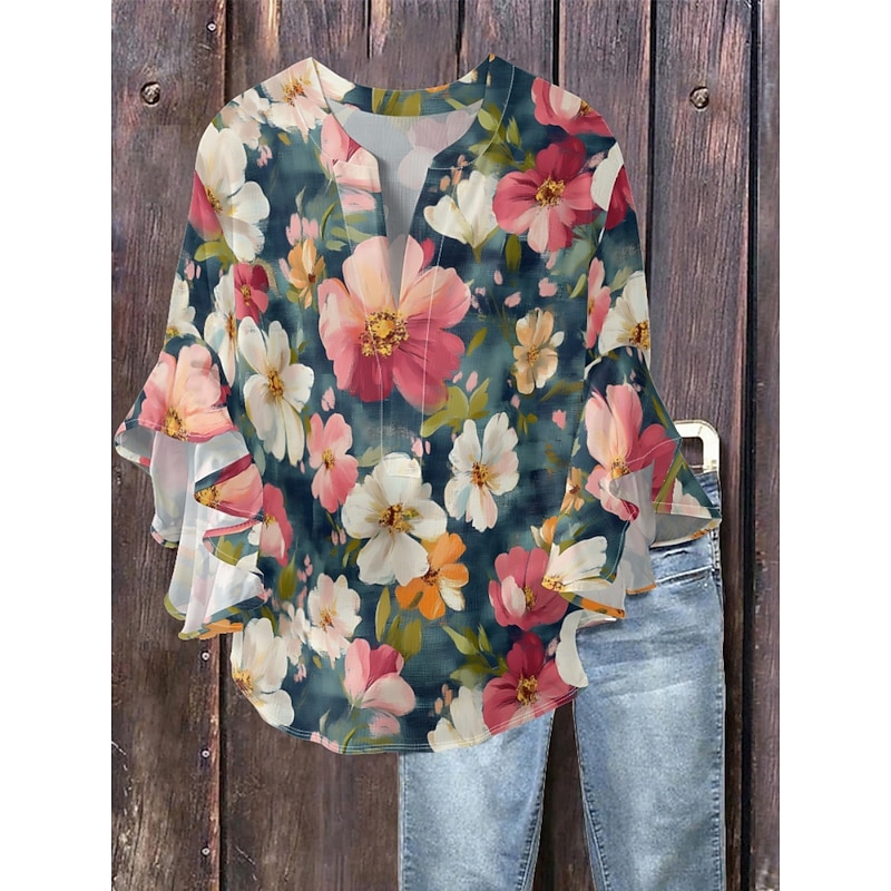 Women's Blouse Floral Stylish Modern 3/4 Length Sleeve V Neck Regular Tops Daily Holiday Ruffle Print Grass Green Pink Navy Blue Green Summer