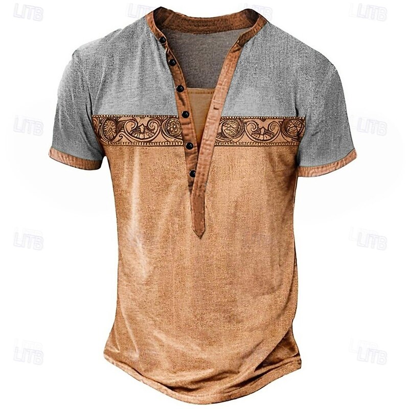Men's Geometric Ethnic T Shirt Henley Shirt Tee Short Sleeve Designer Basic Ethnic Outdoor Casual Daily Summer Light Green Navy Blue Brown Grey Henley Henley T-Shirt4