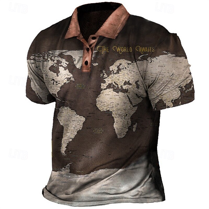 Men's Nautical Polo Shirts Golf Shirt Short Sleeve Polo Shirts Collared Shirts Vintage Casual Vacation Wear Boat Wear Party Outfits Buttons 3D Print Black Blue Brown