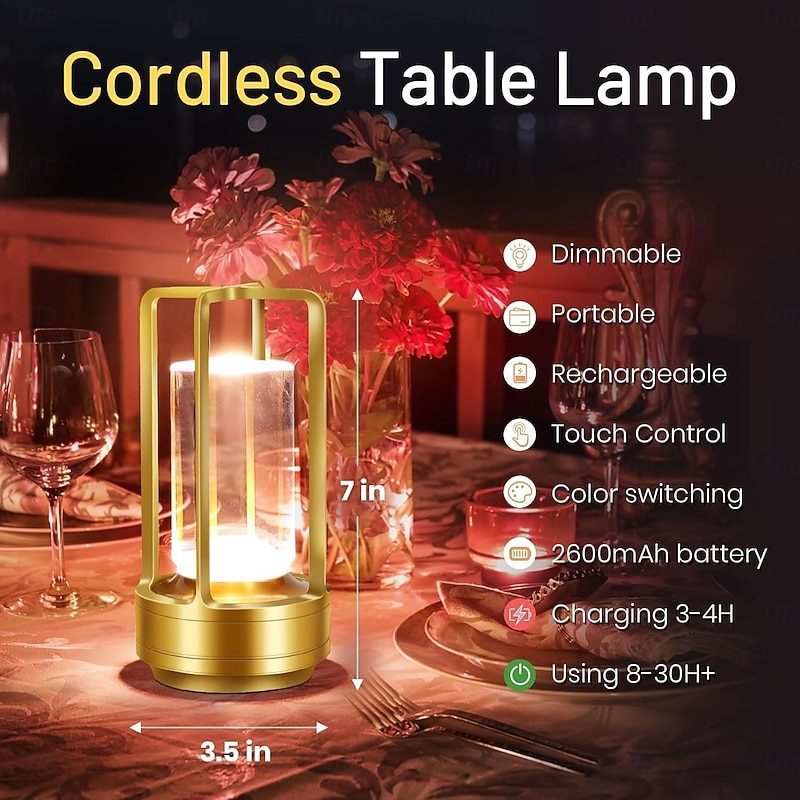 Crystal Lantern Light, Czgor Battery Operated Rechargeable Cordless Crystal Table Lantern Lamp with 3-Color, Portable Small LED Desk Lamp for Indoor/Outdoor Patio Camping Bedroom Bar Restaurant4