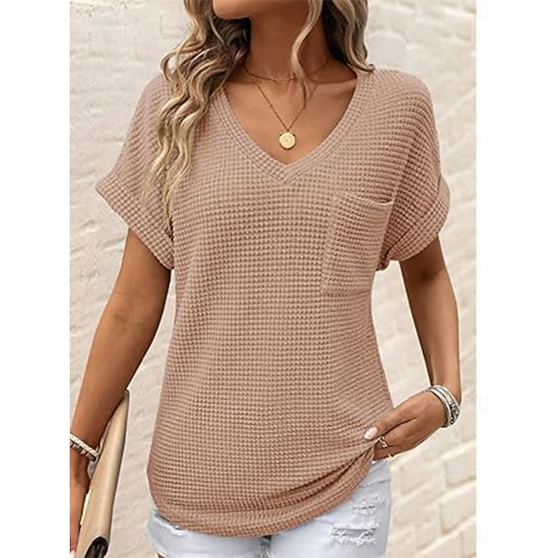 Women's Blouse Solid Color Stylish Casual Short Sleeve V Neck Regular Tops Daily Pocket Black White Pink Green Summer4