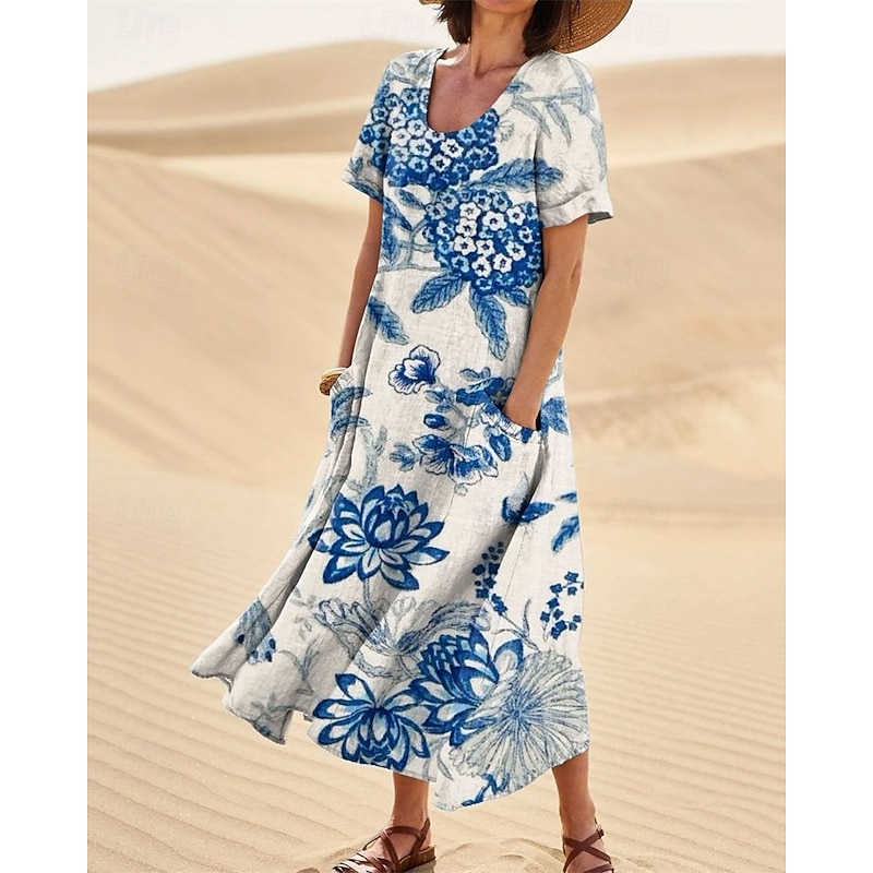 Women's Long Dress Maxi Dress Casual Dress Swing Dress Summer Dress Boho Dress Elegant Fashion Romantic Outdoor Party Holiday Regular Fit Flower Short Sleeve Crew Neck Pink Navy Blue Blue Summer2