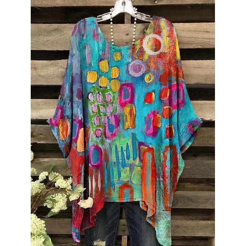 Women's Boho Shirt Graphic Geometric Elegant Bohemia Vintage Short Sleeve Batwing Sleeve Crew Neck Regular Tops Daily Holiday Beach Wear Print Denim Blue Light Brown Blue Orange Rainbow Summer Spring2